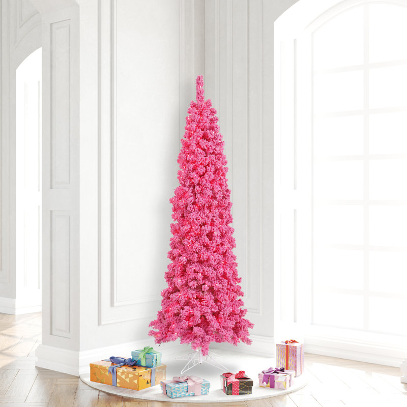 Hashtag Home Flocked Pink Fir Artificial Christmas Tree with Pink